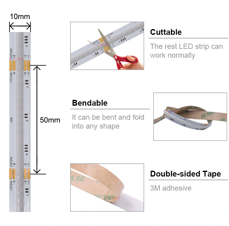 Popular Multicolor Smart Non-Waterproof Flexible Dotless COB LED Strip Lights 840 Chips 24V 5m RGB LED Strip Light