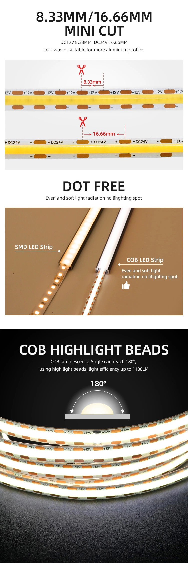 Dotless in Aluminum Profile LED Linear Light 9W 12W 480chips/M High Density COB LED Strip Light LED Flexible Strip Light
